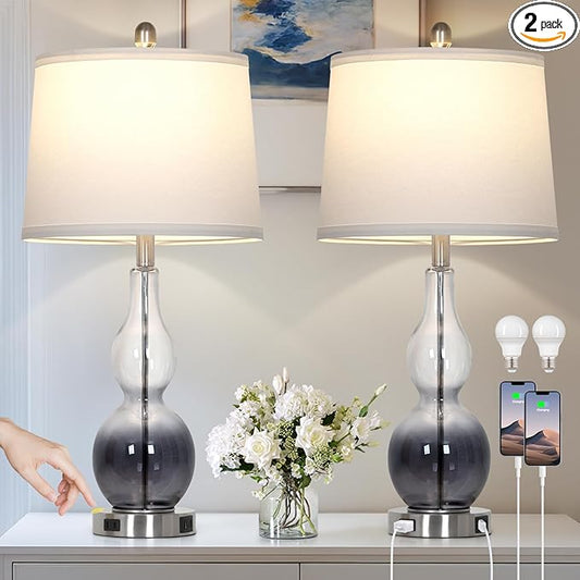 27.5" Gradual Gray Clear Glass Table Lamp Set of 2,3-Way Dimmable Touch Control Bedside Lamps with