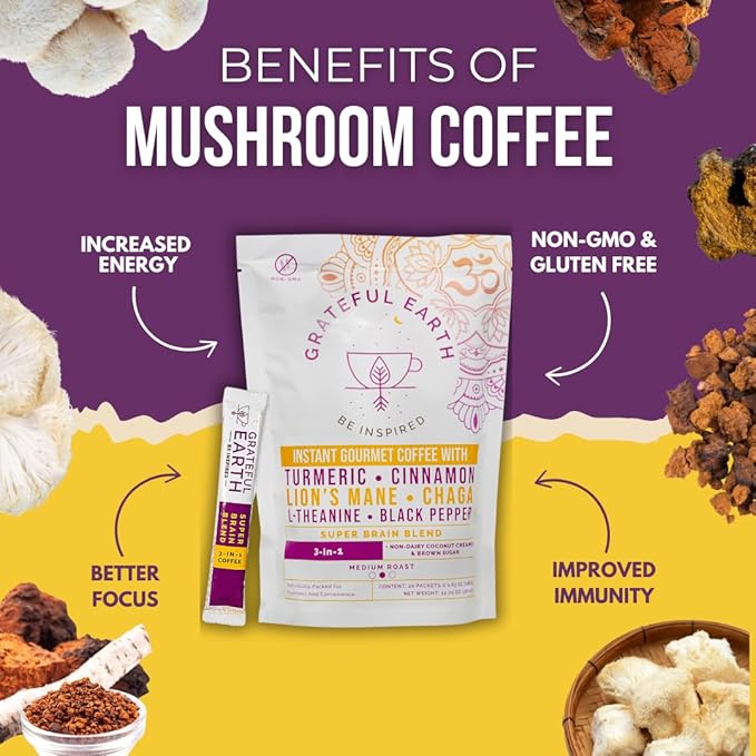 Grateful Earth Mushroom Coffee, Coconut Instant Coffee with Cinnamon, Turmeric, Lion’s Mane