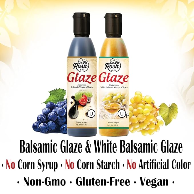 De La Rosa Dark & White Balsamic Glaze, Vegan, Kosher for Passover & Gluten Free, Great for Salad