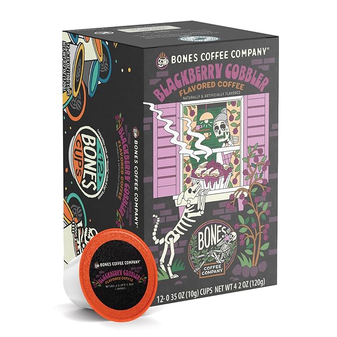 Bones Coffee Company Blackberry Fruit Cobbler Flavored Coffee Pods, Low Acid Medium Roast