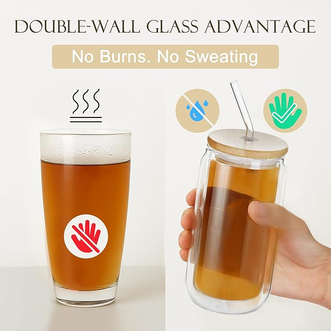 LIBWYS 16oz Double Wall Drinking Glass Cups with Bamboo Lids and Straws, 4 Pc Set ??Condensation