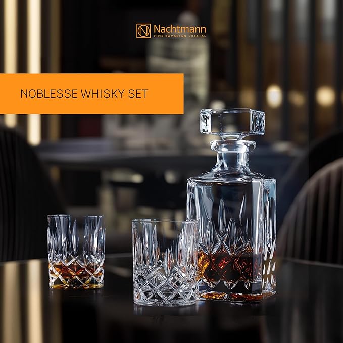 Nachtmann Noblesse 3-Piece Crystal Whiskey Set - 25oz Decanter with Stopper & 10.4oz Tumblers