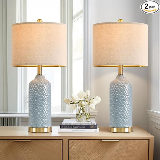 24.25" Modern Ceramic Blue Table Lamps Set of 2 for Living Room, Farmhouse, Bedside, Coastal