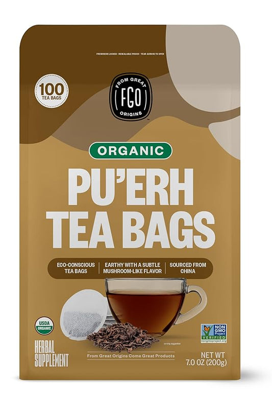 FGO Organic Pu'erh Tea, 100 Count, Eco-Conscious Tea Bags, Resealable Bag, Packaging May Vary (Pack