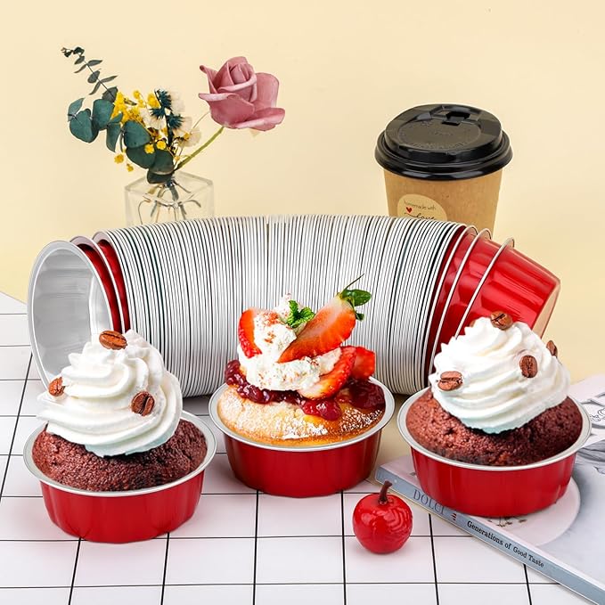 Beasea Disposable Aluminum Foil Cups 100 Pack, 8 oz 235ml 3.9" Bake Ramekin Cup Muffin Cupcake