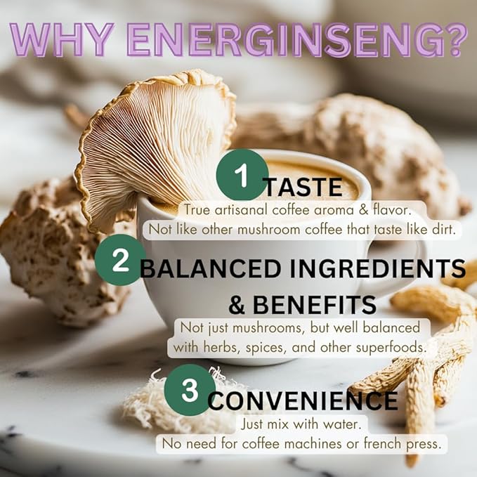 Energinseng Mushroom Coffee - Artisanal Instant Americano Espresso with Nootropics, Adaptogens