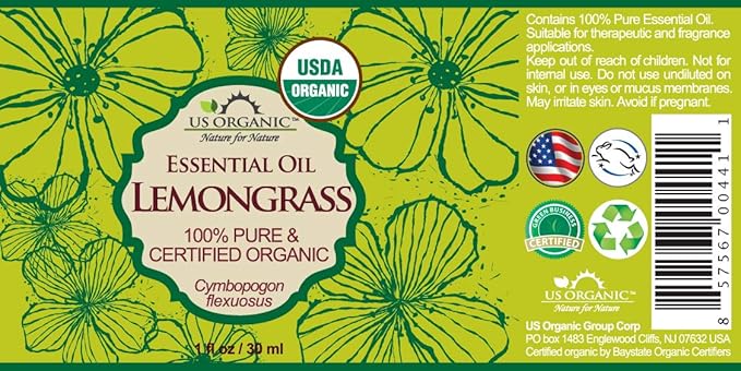 US Organic 100% Pure Lemongrass Essential Oil, USDA Certified Organic, Extracted by Steam