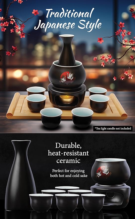 Japanese Sake Cup Set with 6 Ceramic Cups, 1 Ceramic Sake Bottle, 1 Ceramic Sake Warmer, Bamboo