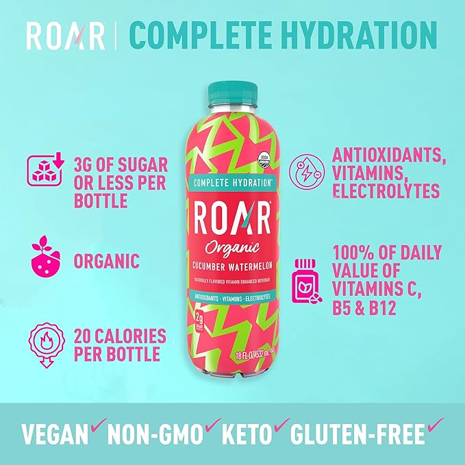 Roar Organic Electrolyte Infusions - USDA Organic - Cucumber Watermelon - with Antioxidants, B
