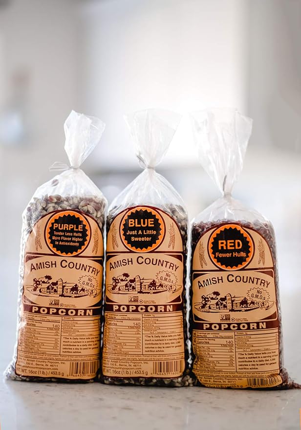 Amish Country Popcorn | 3-1 lb Bags | Purple, Red and Blue Popcorn Kernels | Old Fashioned, Non-GMO