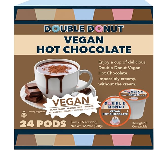 Double Donut Dairy Free Hot Chocolate Pods, Lactose Free Vegan Hot Chocolate Mix Cups For Keurig K