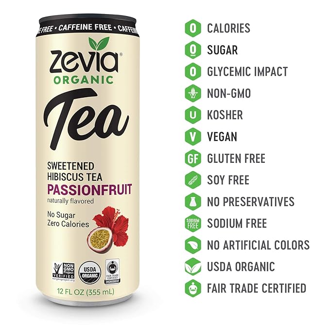 Zevia Zero Sugar Tea, Hibiscus Tea with Passionfruit Caffeine Free, 12 oz Cans (12-Pack)