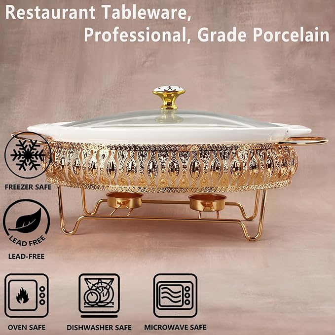 10" x 7" Ceramic Oval Casserole Dish with Glass Lid and Gold rack, 30 Ounce White Serving Soup