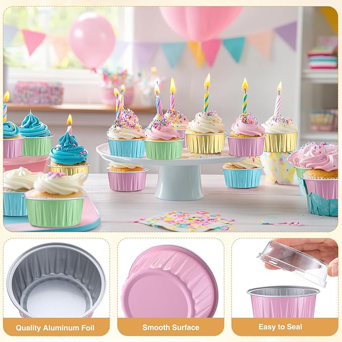 Gejoy 400 Pcs Aluminum Foil Baking Cups with Lids 5 oz Disposable Ramekins Mini Cake Pans Creme