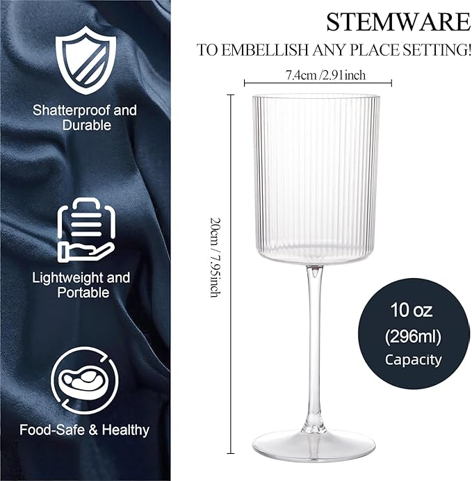 Ciaell 12 PCS Plastic Ribbed Wine Glasses - 10 OZ Plastic Square Wine Glasses with Stem