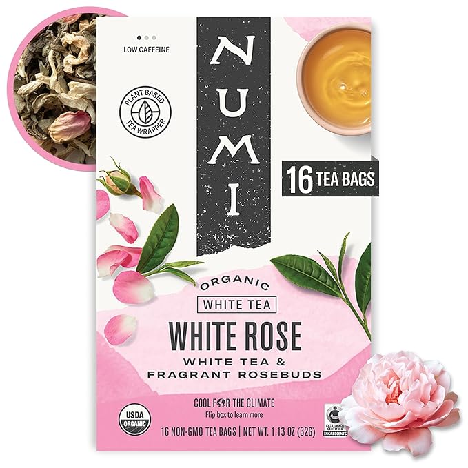 Numi Organic White Rose Tea, 16 Tea Bags, White Tea & Fragrant Rosebuds, Low Caffeine (Packaging