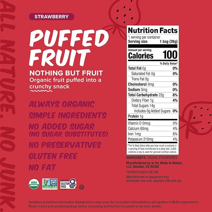 Made In Nature Organic Puffed Fruit, Strawberry, 0.9 Ounce Bag (Pack of 6) - Vegan Snack, Non-GMO