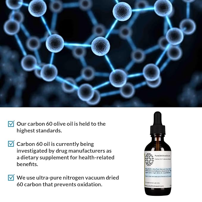 PureC60OliveOil C60 Olive Oil 50ml / 1.7 Fl Oz - 99.95% Carbon 60 Solvent Free 40mg - Amber Glass