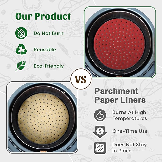 Reusable Round Silicone Air Fryer Liners (9 Inch, 3 Pack) by Linda’s Essentials - Non-Stick