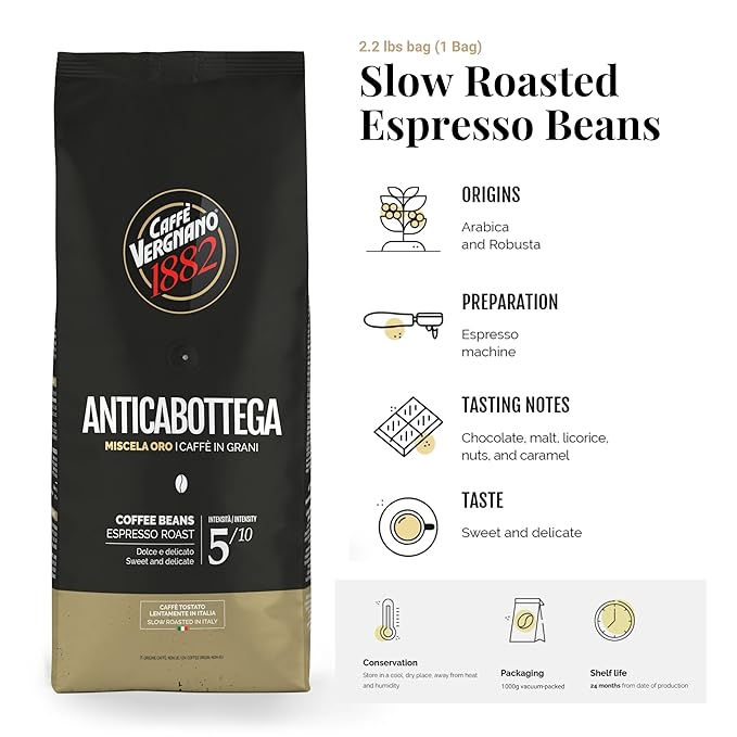 Caffe Vergnano 1882 Antica Bottega Whole Bean Arabica Medium Roast Espresso, 2.2 lbs Bag - Italian