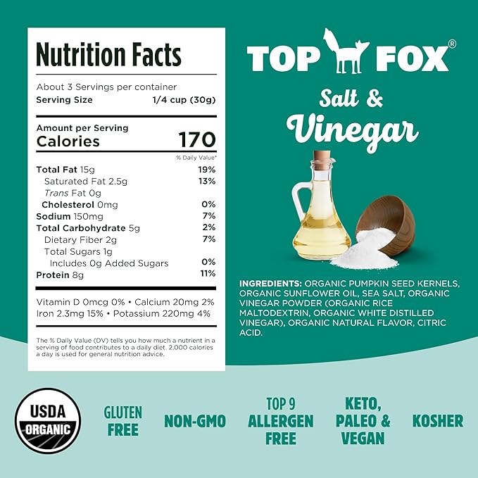 Top Fox Snacks Pumpkin Seeds to Eat (Salt & Vinegar, 3.5 oz – 6 Pack) - Gluten Free Snacks, Healthy