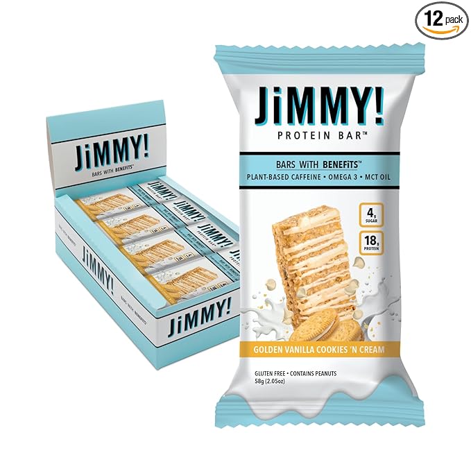 JiMMYBAR! - Golden Vanilla Cookies 'N Cream - 18g Protein Bars - Low 4g Sugar - 12 Count - Real