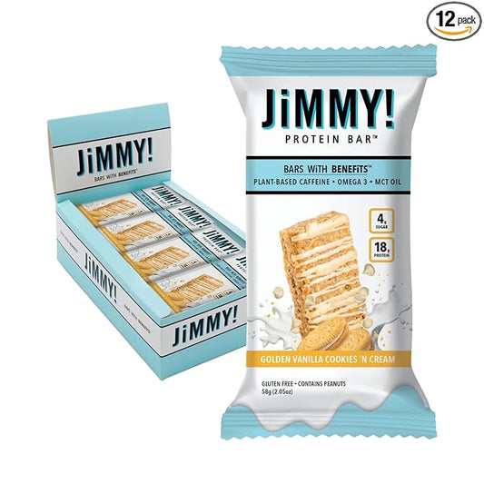 JiMMYBAR! - Golden Vanilla Cookies 'N Cream - 18g Protein Bars - Low 4g Sugar - 12 Count - Real