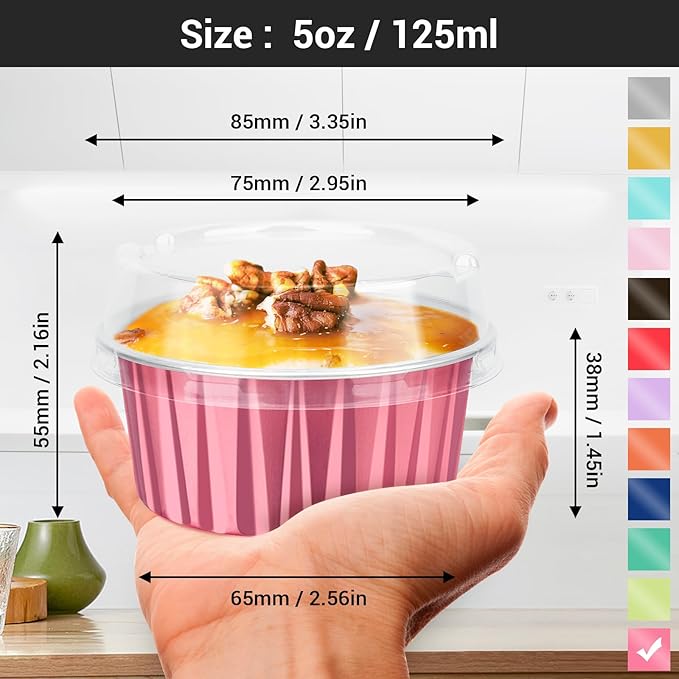 EUSOAR Disposable Ramekins with Lids, 60pcs 5oz Foil Dessert Cups, Aluminum Baking Cups Liners Mini