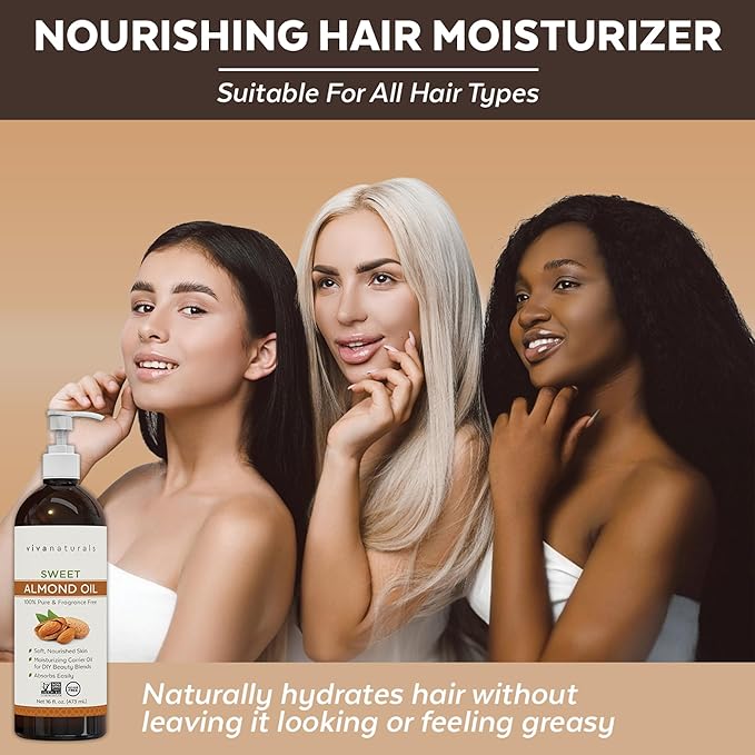 Viva Naturals Sweet Almond Oil for Skin - Body Oil, Hair Moisturizer and Relaxing Massage and Oil