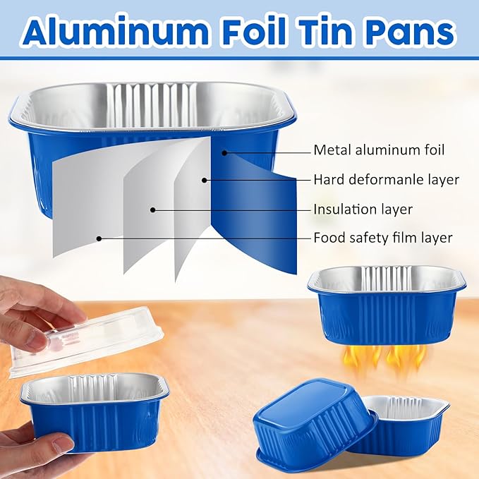 Aoriher 150 Pieces 10 oz Mini Cake Pans with Lids Aluminum Foil Baking Cups Square Disposable 4" x