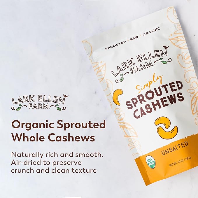 Lark Ellen Farm Unsalted Organic Raw Cashews, Sprouted, Air-Dried, Gluten-Free, Non-GMO, Vegan