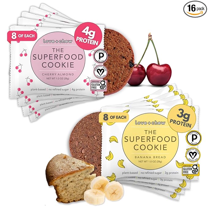Love + Chew - Banana Bread and Cherry Almond Minis - 16 Count - Tasty, Gluten Free Cookies - Vegan