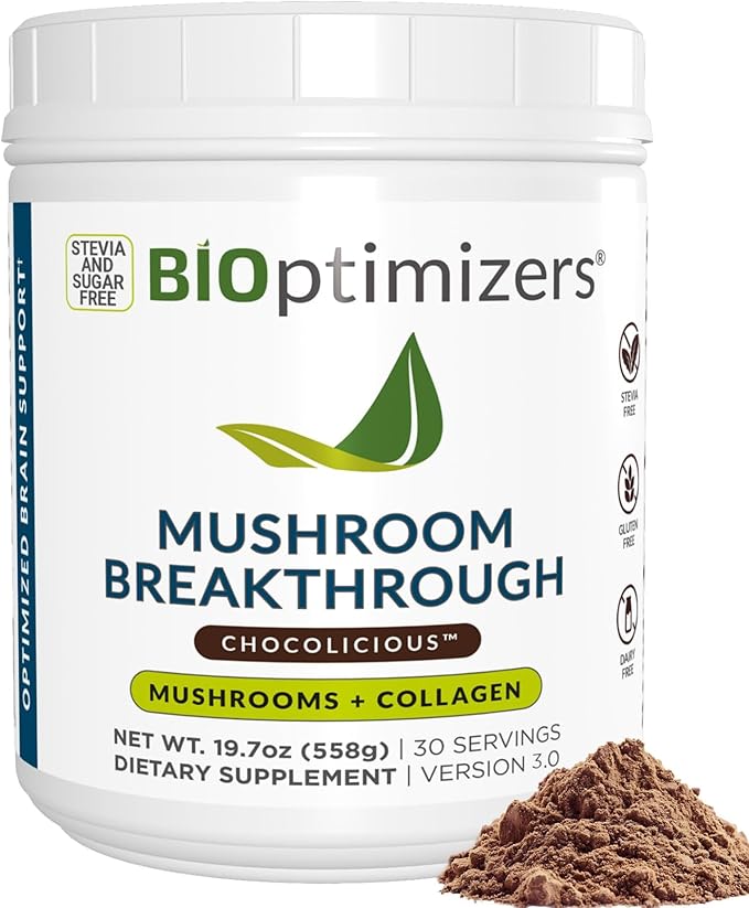 BIOptimizers Mushroom Coffee Alternative ??Chocolate Drink ??Lion?™s Mane, Chaga, Reishi + Collagen
