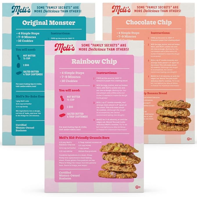 Meli?셲 Gluten Free Cookie Mix, Cookies Variety Pack - Original Monster, Chocolate Chip & Rainbow
