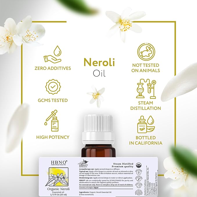 HBNO Organic Neroli Essential Oil- 1/3 oz (10ml) Size - Ideal for Diffusers, Cleaning Agents