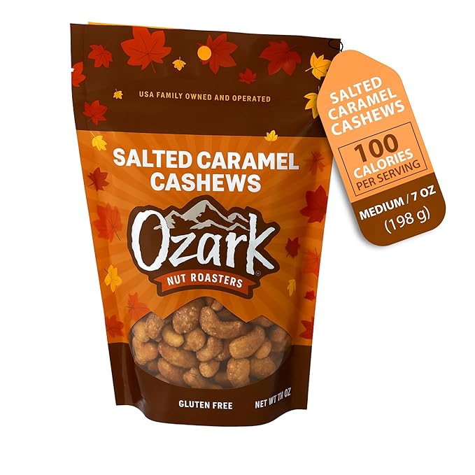OZARK NUT ROASTERS Salted Caramel Cashews, Gourmet Candied Nuts Snack, Gluten-Free, Sea Salt &