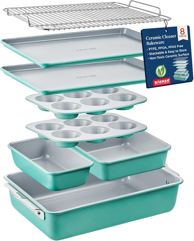 Bakken 8-Piece Stackable Bakeware Set - Ceramic Non-Stick Coating, Baking Sheets, Assorted Baking