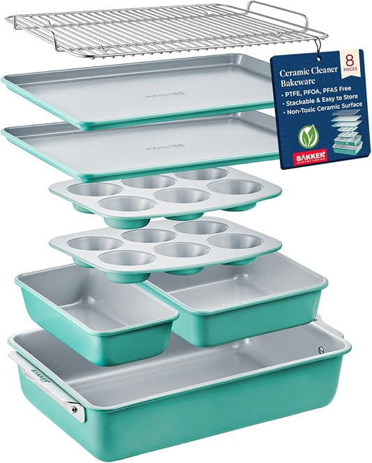 Bakken 8-Piece Stackable Bakeware Set - Ceramic Non-Stick Coating, Baking Sheets, Assorted Baking