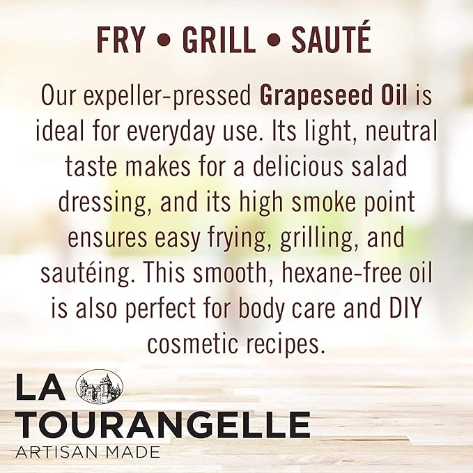La Tourangelle, Expeller-Pressed Grapeseed Oil, High Heat Neutral Cooking Oil, Cast Iron Seasoning, Also Great for Skin, Hair, and DIY Beauty Recipes, 16.9 fl oz