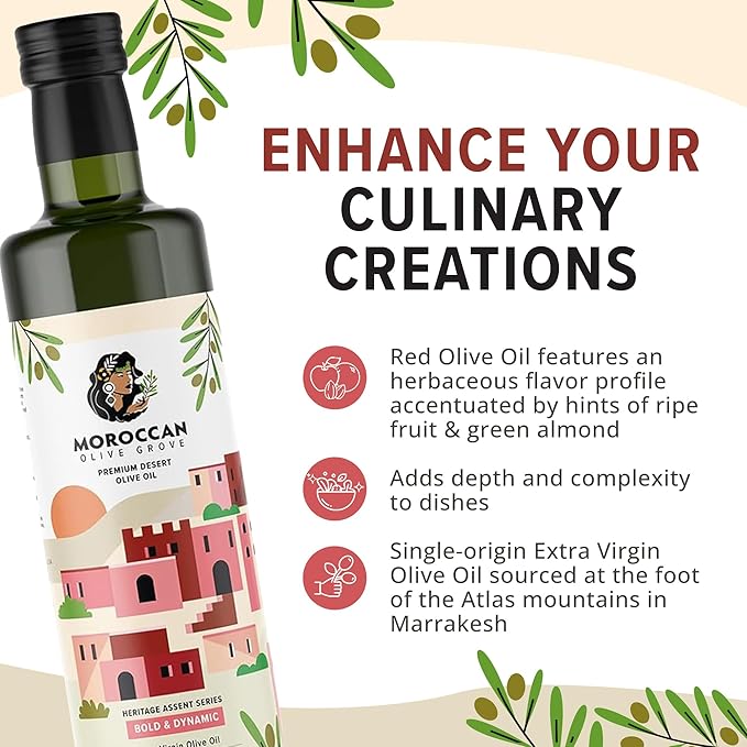 MOROCCAN OLIVE GROVE - The Red Olive Oil, Bold & Dynamic Cold-Pressed Desert Olive Oil Extra