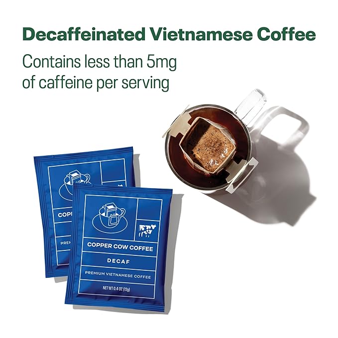 Copper Cow Coffee Pour Over Single-Serve Vietnamese Coffee Pouches (8 pack) | Decaf | Dark Roast |