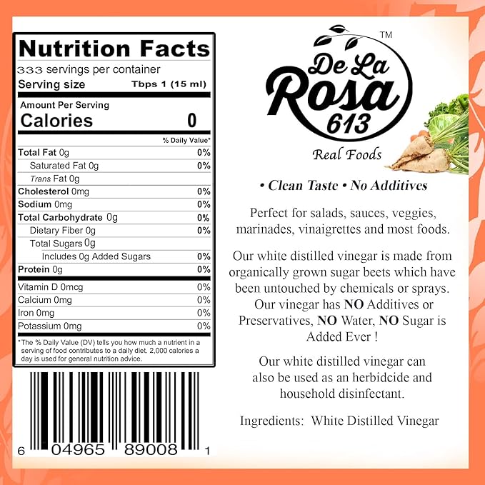 De La Rosa Distilled White Vinegar, Raw & Unfiltered, Kosher for Passover, Vegan & Gluten Free