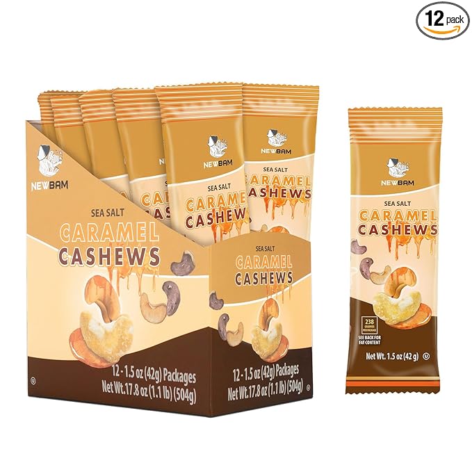 NEWBAM Sea Salt Caramel Cashews Individual Packs - 12 Cashew Snack Packs Roasted Nuts (1.5oz Each)