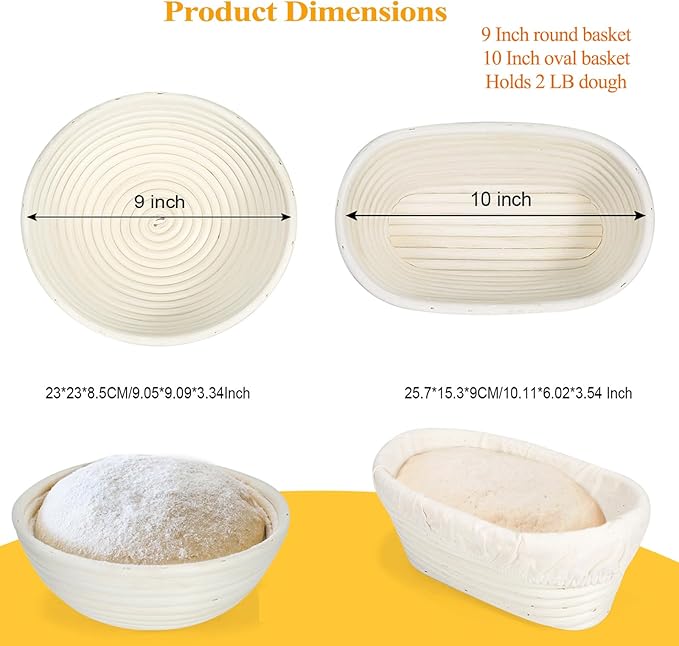 9 & 10 Inch Banneton Bread Proofing Basket Set with Liners,Dough Scraper,Bread Lame & Danish Whisk
