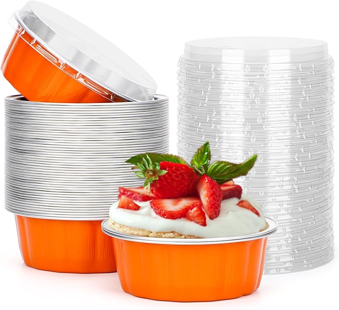 Beasea Disposable Ramekins for Baking, 8 oz 50 Pack Aluminum Foil Cups with Lids, Disposable Creme