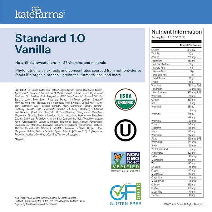 KATE FARMS Organic 1.0 Sole-Source Nutrition Shake, Vanilla, 16g Protein, 27 Vitamins and Minerals