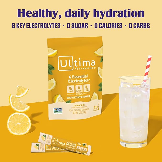 Ultima Replenisher Daily Electrolyte Powder Drink Mix ??Sugar Free ??Lemonade, 20 Stickpacks