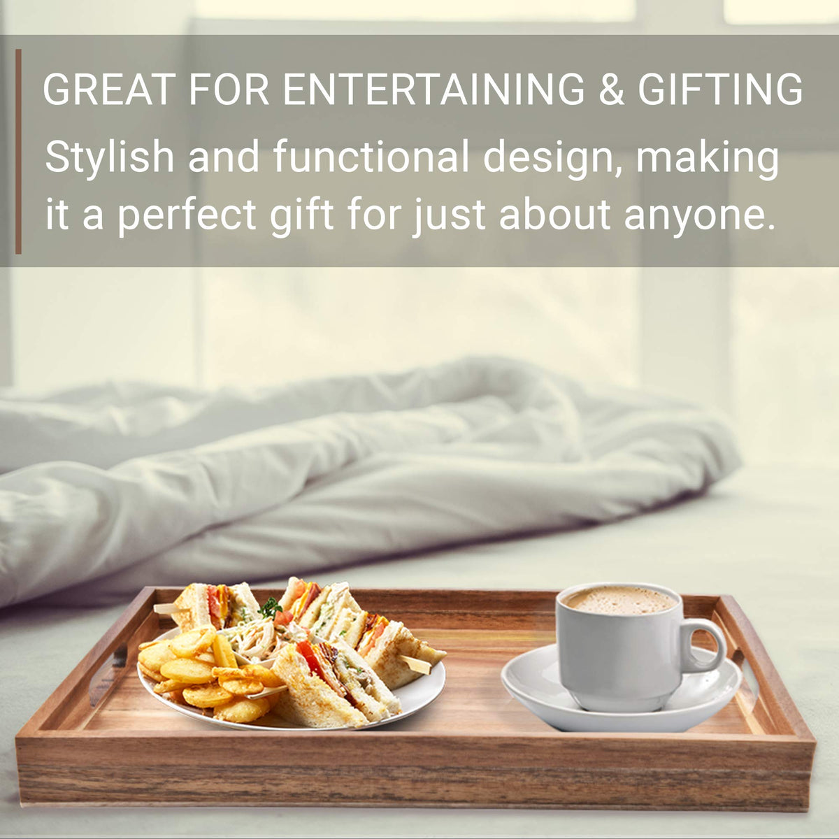 Acacia Wood Serving Tray with Handles (17 Inches) – Decorative Serving Trays Platter for Breakfast