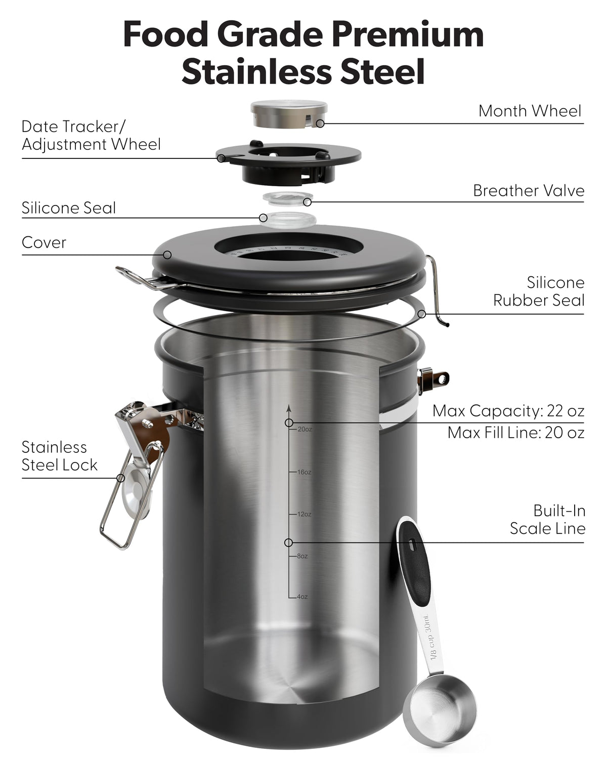 Veken Coffee Canister with Window, Airtight Stainless Steel Container, 22OZ
