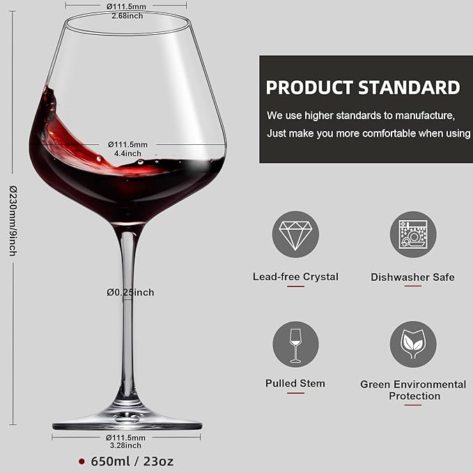 Red Wine Glasses Set of 4, Hand Blown Italian Style Crystal Burgundy Wine Glasses, Lead-Free